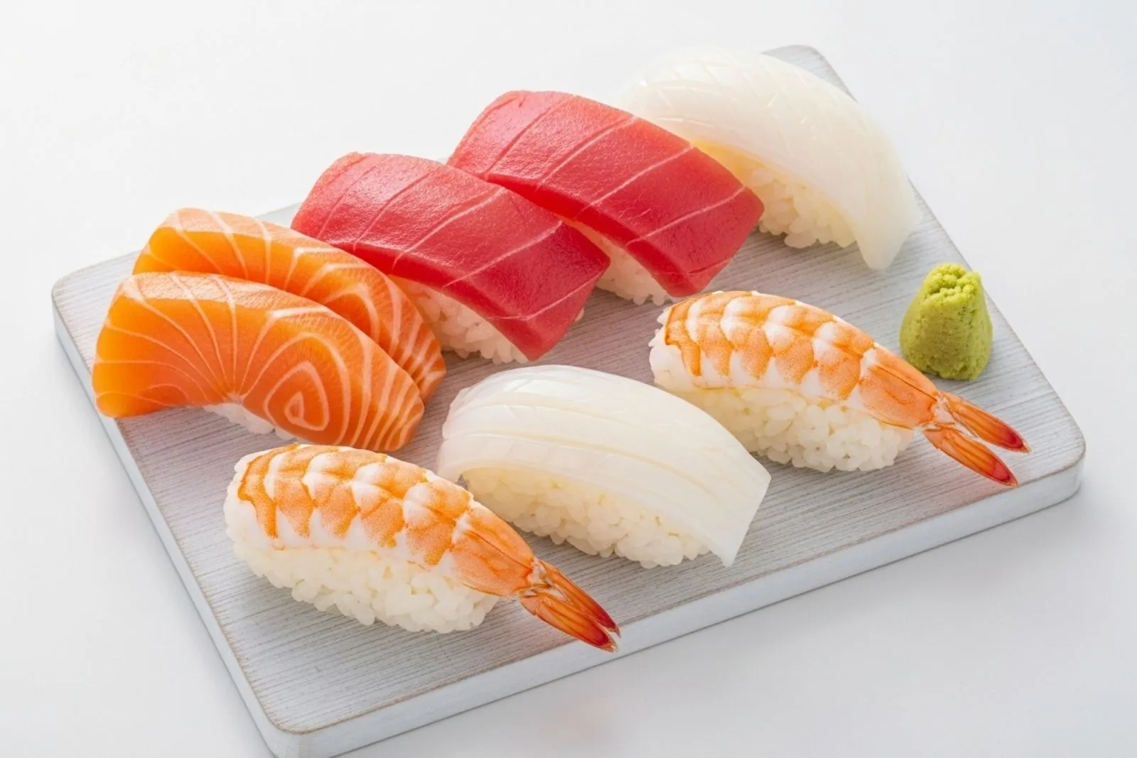 Mixed sushi roll platter with salmon and eel rolls, wasabi and pickled ginger